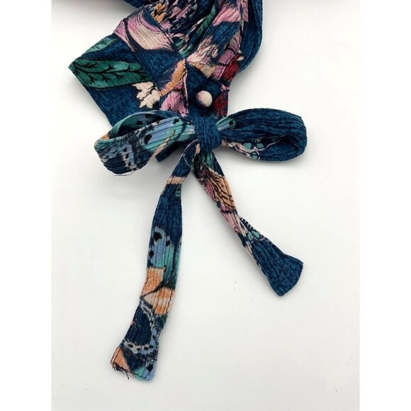 Vintage America Blues Floral Button-Up Blouse Tie Sleeves Vibrant Blues Pinks LG - Picture 8 of 9